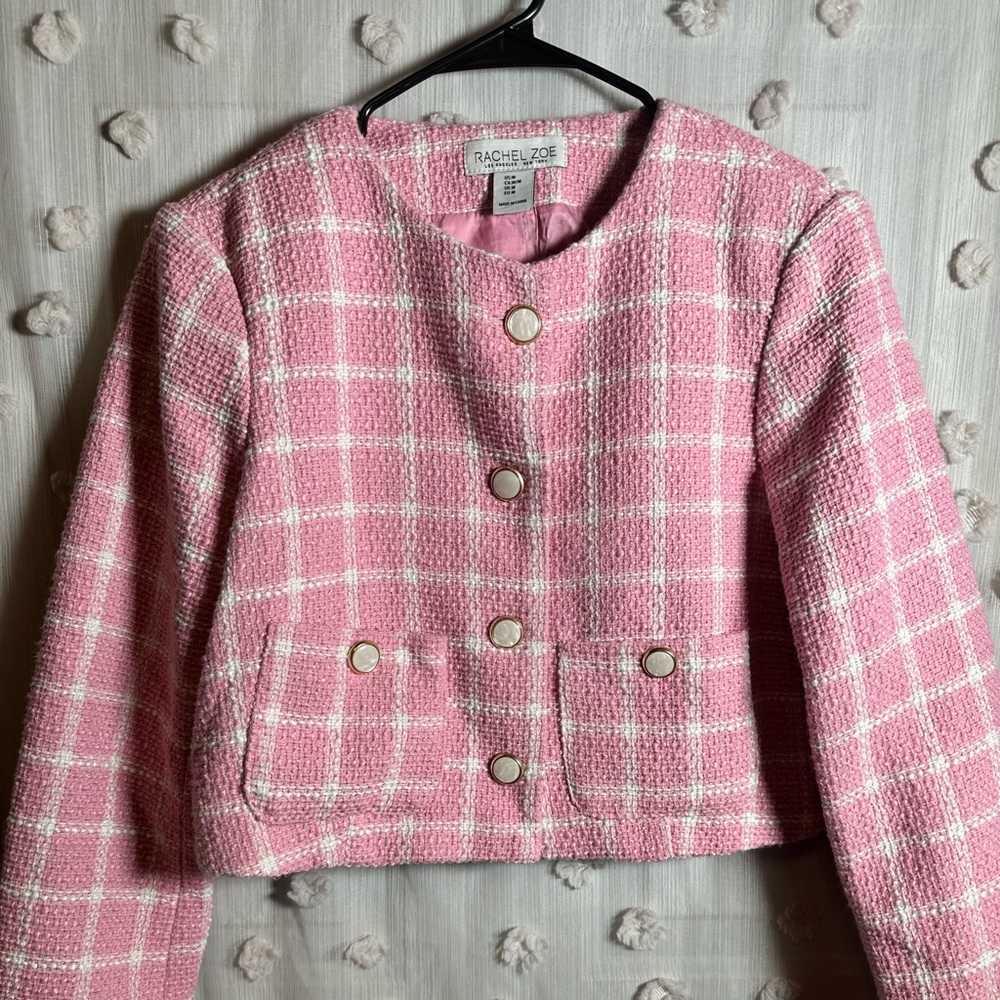 Rachel Zoe Women’s Pink and White Plaid Tweed Button-Down Blazer Jacket Size M - Picture 2 of 9